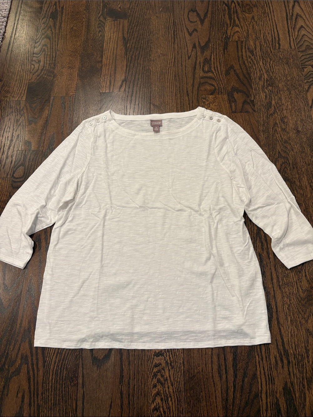 Chicos Woman’s White 3/4 Long-Sleeve Button-Shoulder Tee Size XL